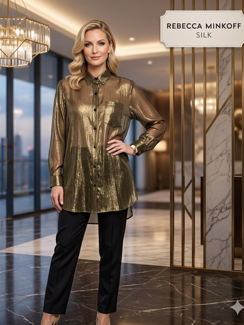 NWOT Rebecca Minkoff Women L Silk Metallic Tunic Gold Thread Buttons Glam Luxury